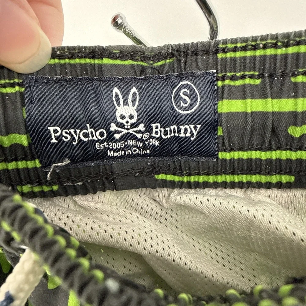 Psycho Bunny Swim‎ Shorts Mens Small Green Geometric Print Mesh Lined Drawstring